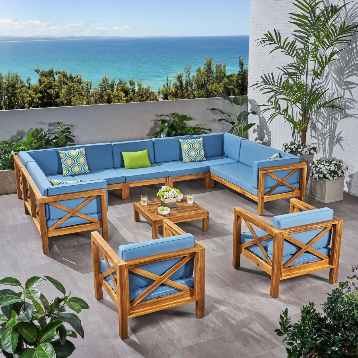 Isabella Outdoor 11 Seater Acacia Wood Sectional Sofa And Club Chair Set - Teak Finish + Blue