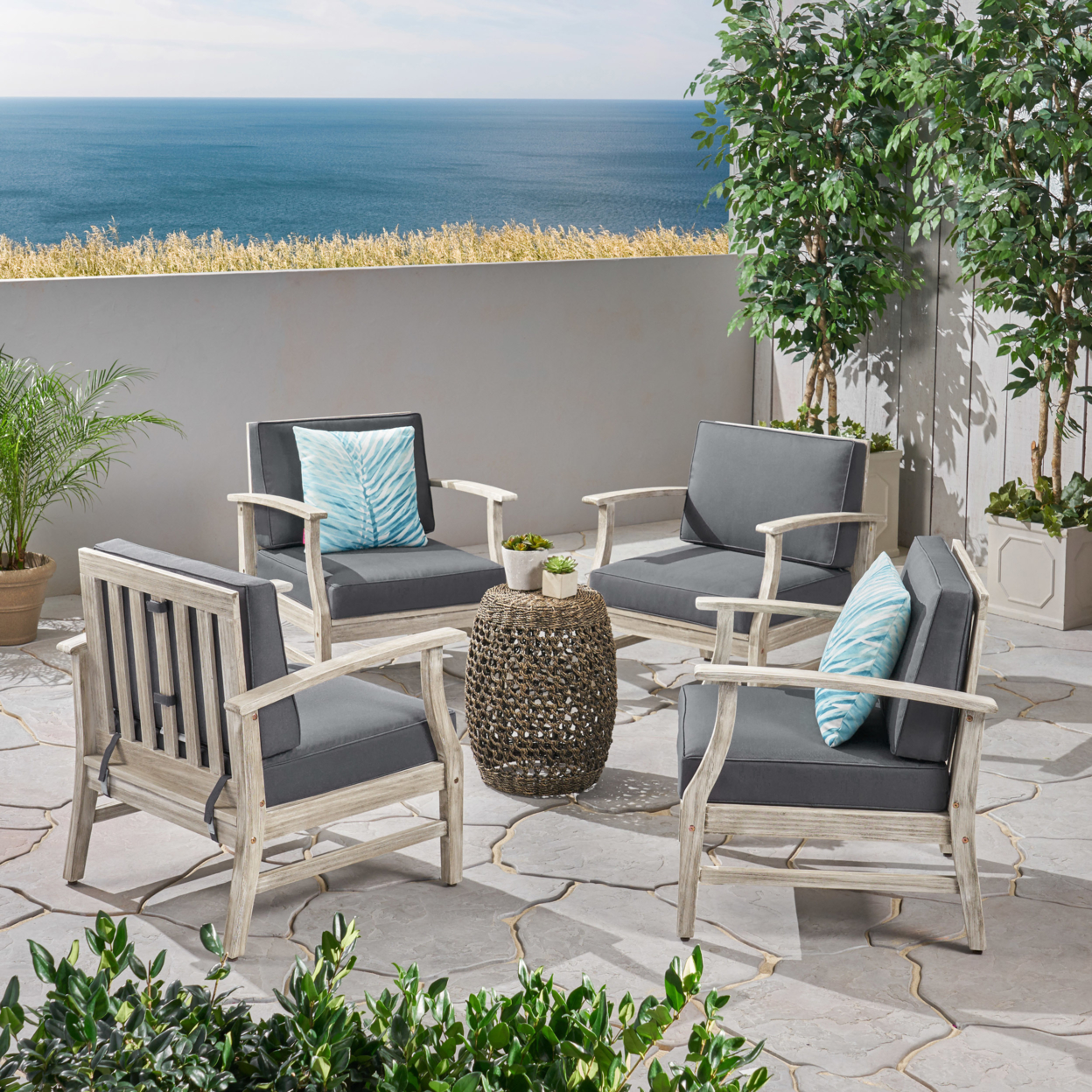 Fanny Outdoor Acacia Wood Club Chairs With Cushions (Set Of 4)