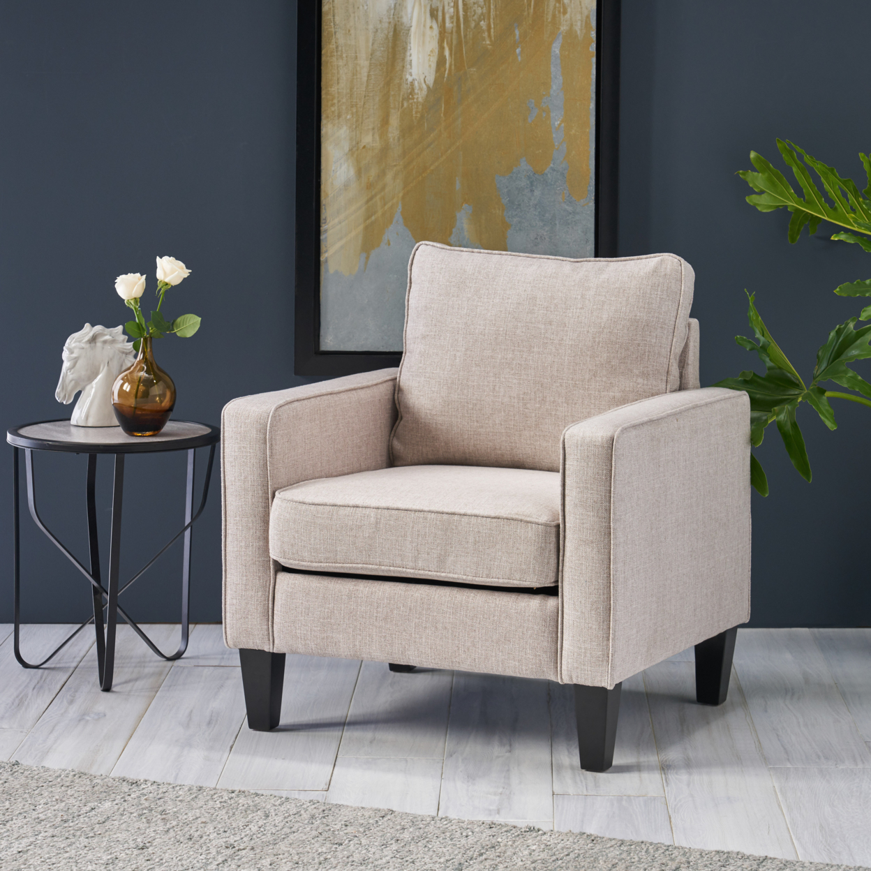 Xanthe Contemporary Fabric Club Chair - Beige + Dark Brown