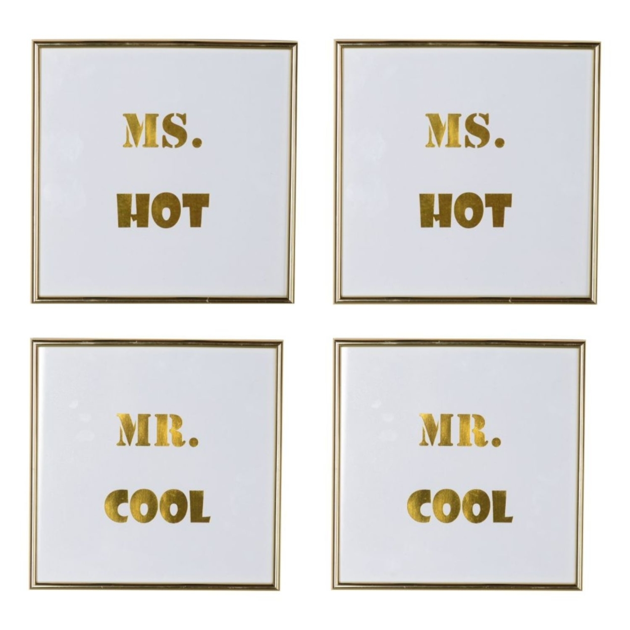 Decorative Mr. And Ms. Wall Art In Plastic Frame, Small, Set Of Four, White And Gold- Saltoro Sherpi