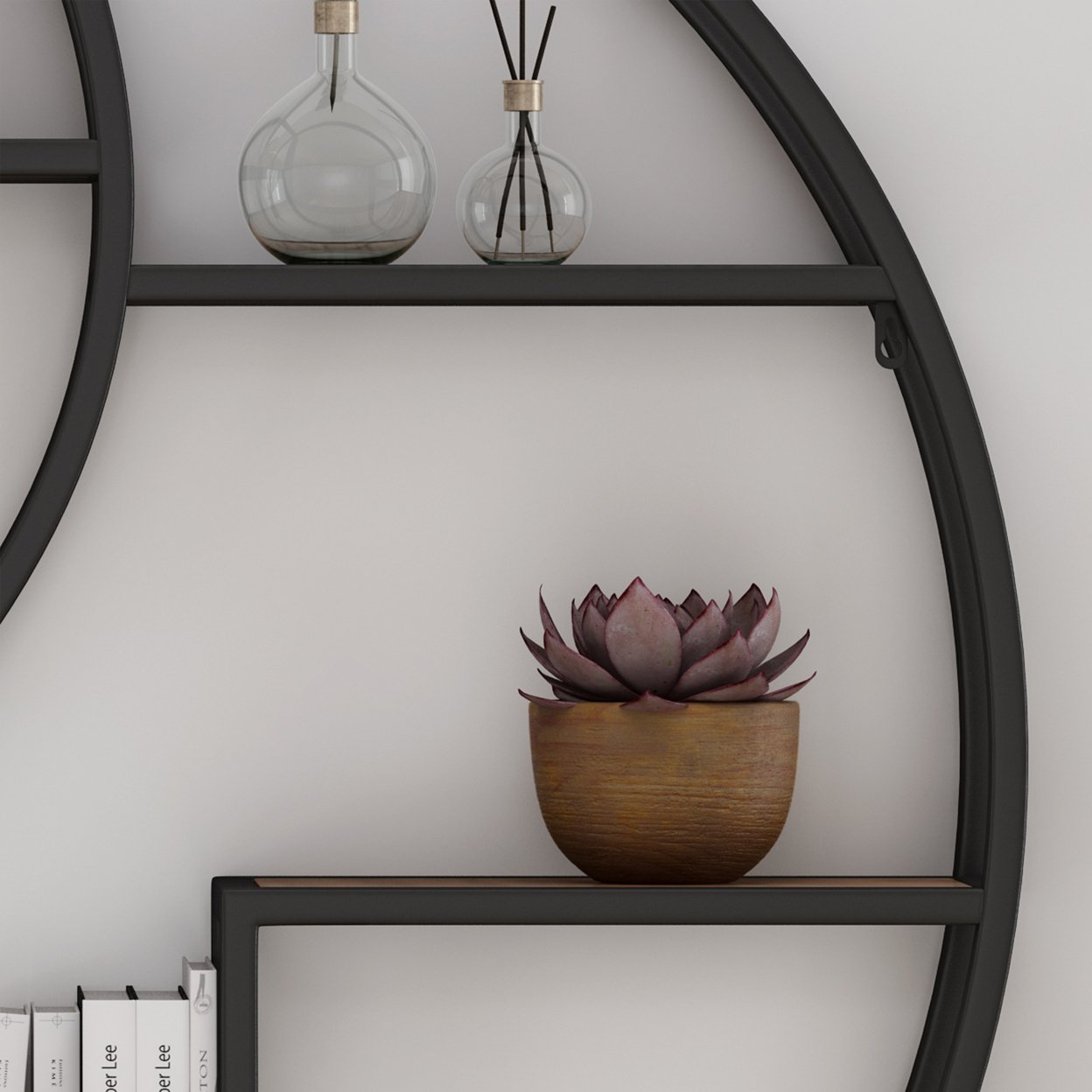 Bobby Industrial Circular Firwood Hanging Wall Shelf - Black Finish + Natural