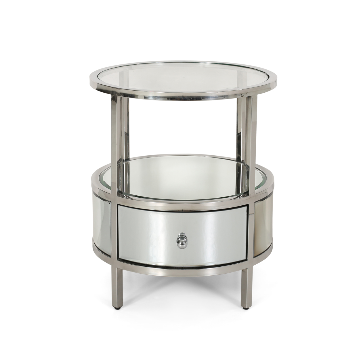 Cytheria Modern Round End Table With Tempered Glass Drawers And Stainless Steel Frame