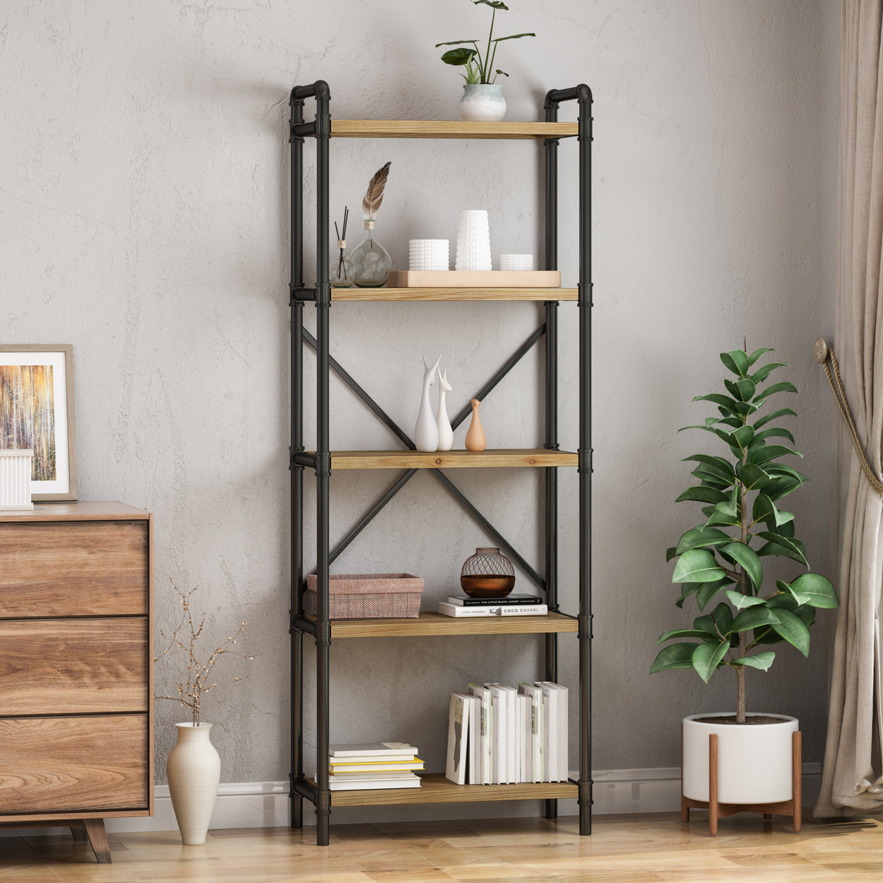 Lina Industrial 5 Shelf Firwood Bookcase - Gray Finish + Pewter Finish