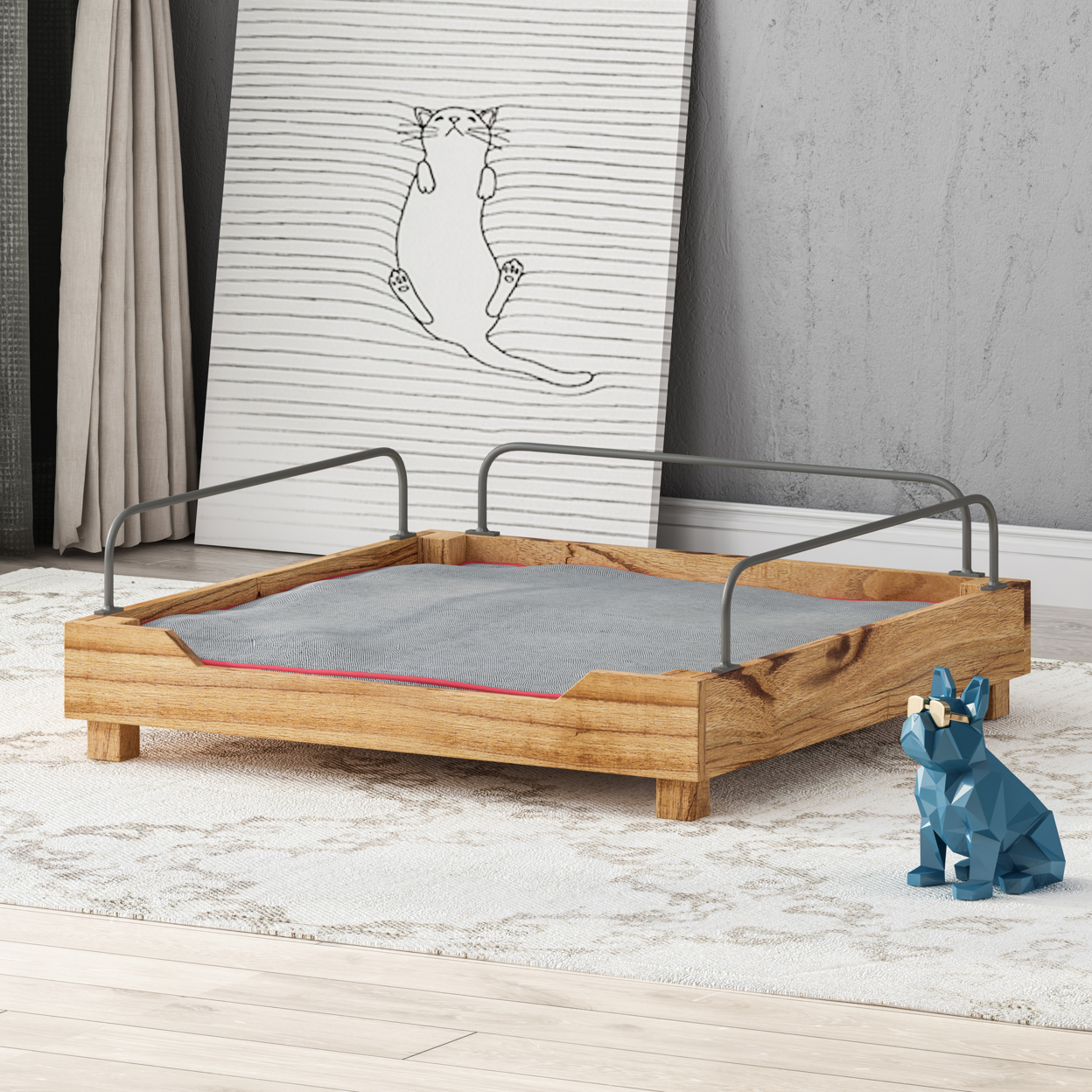 Ray Wooden Small Pet Bed With Metal Railing And Plush Cushion