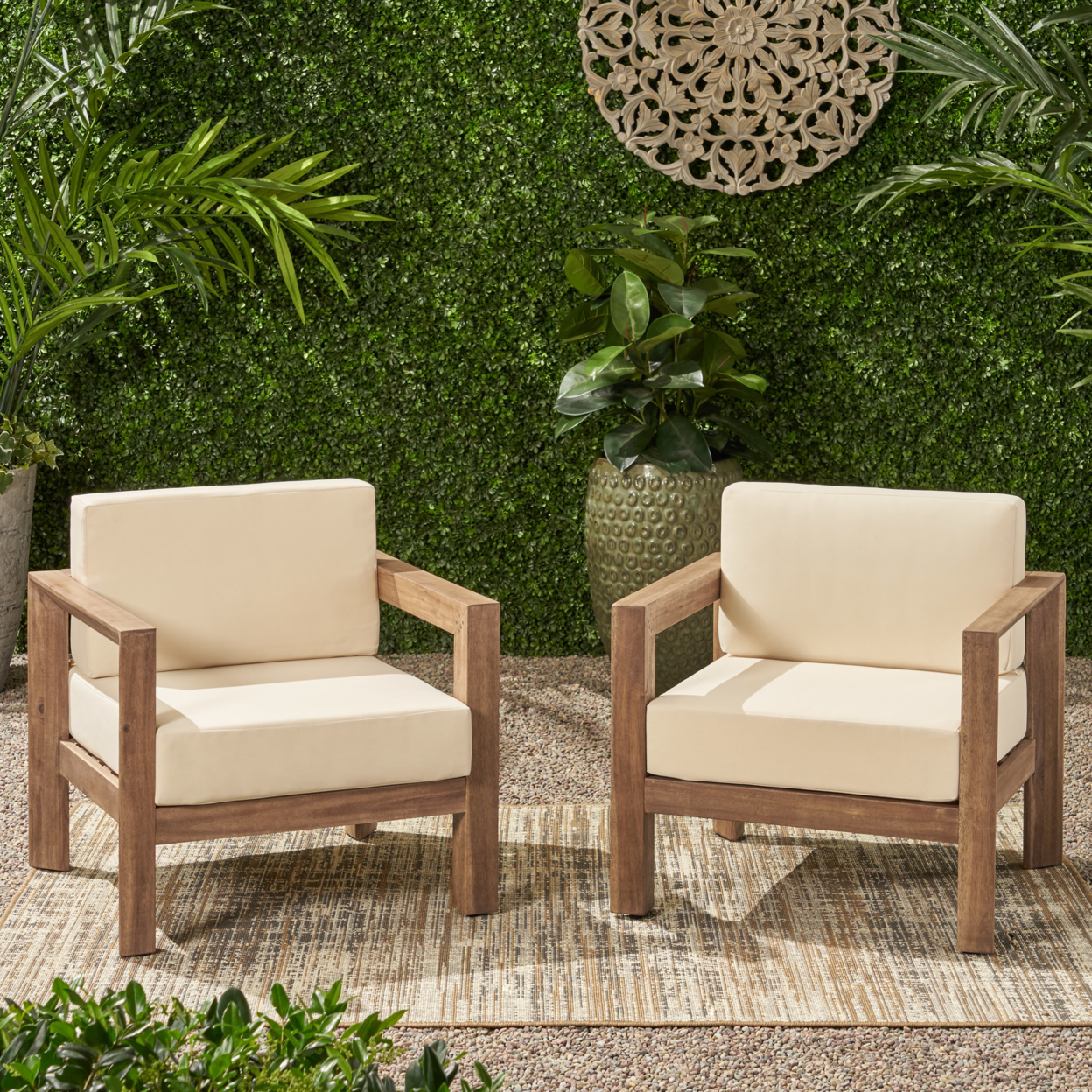 Lucia Outdoor Wooden Club Chairs With Cushions (Set Of 2)