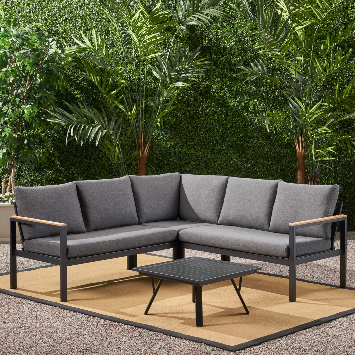Jessica Outdoor Aluminum V-Shaped Sofa Set With Faux Wood Accents