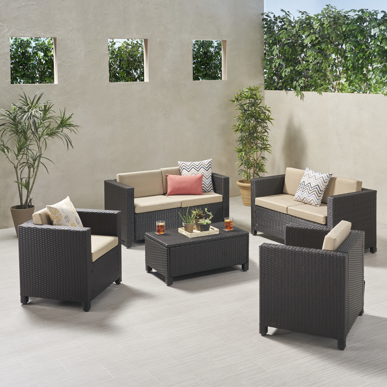 Doreen Outdoor 6 Seater Loveseat Chat Set With Cushions - Dark Brown + Beige