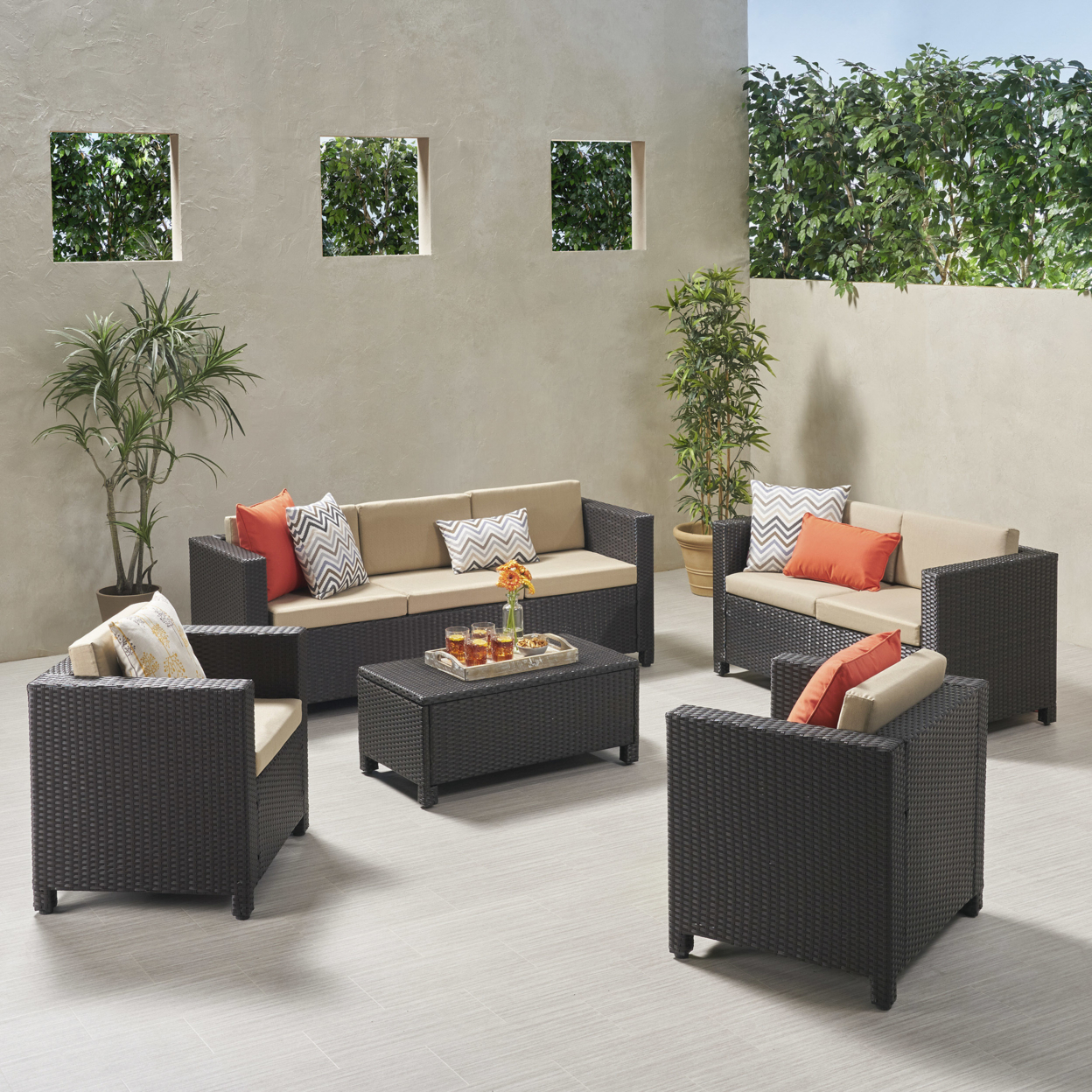 Cathy Outdoor 7 Seater Sofa Chat Set With Cushions - Dark Brown + Beige