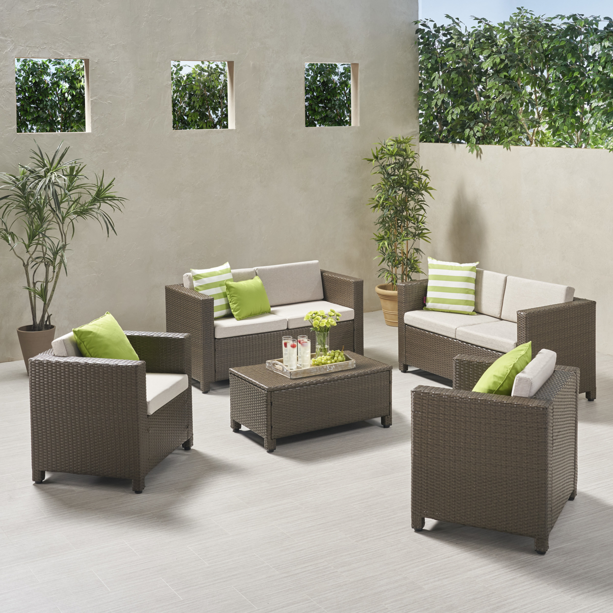 Doreen Outdoor 6 Seater Loveseat Chat Set With Cushions - Brown + Ceramic Gray