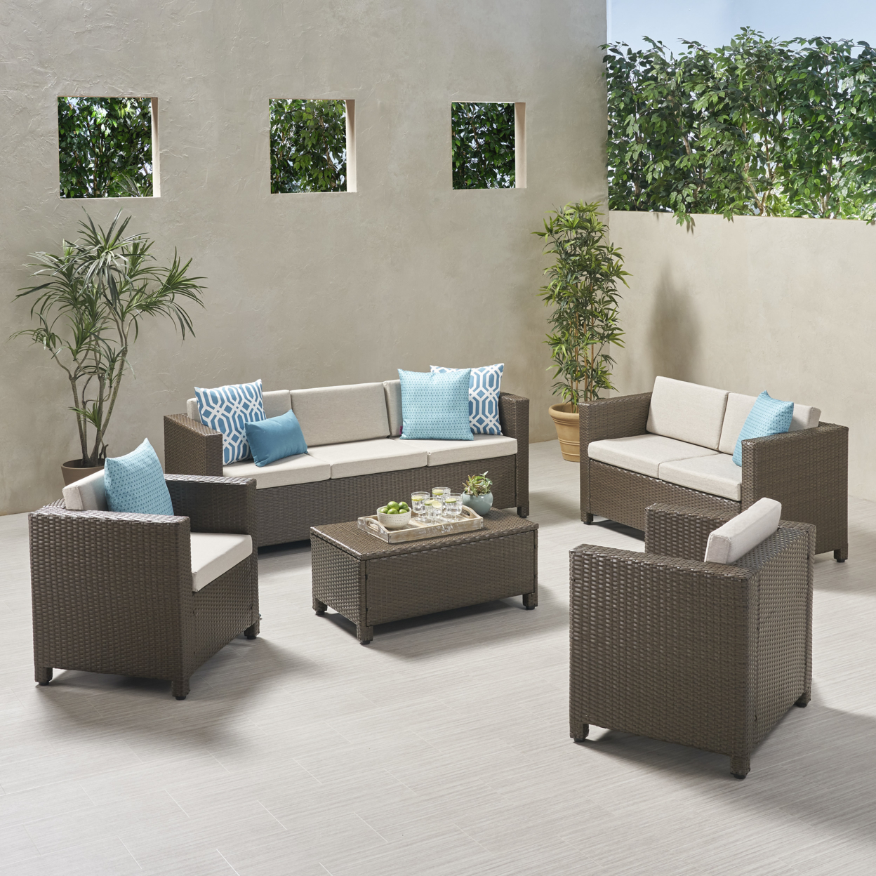Cathy Outdoor 7 Seater Sofa Chat Set With Cushions - Brown + Ceramic Gray