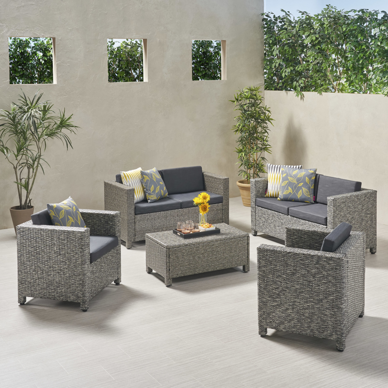 Doreen Outdoor 6 Seater Loveseat Chat Set With Cushions - Mix Black + Dark Gray