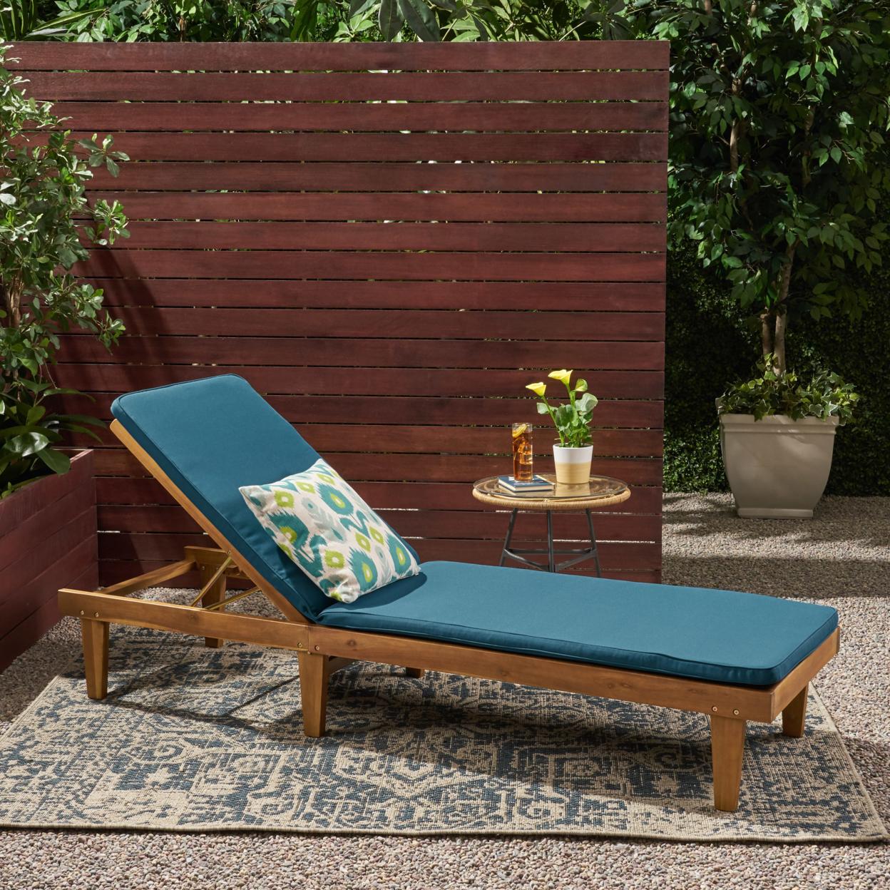 Yvette Outdoor Acacia Wood Chaise Lounge And Cushion Set - Teak Finish + Blue