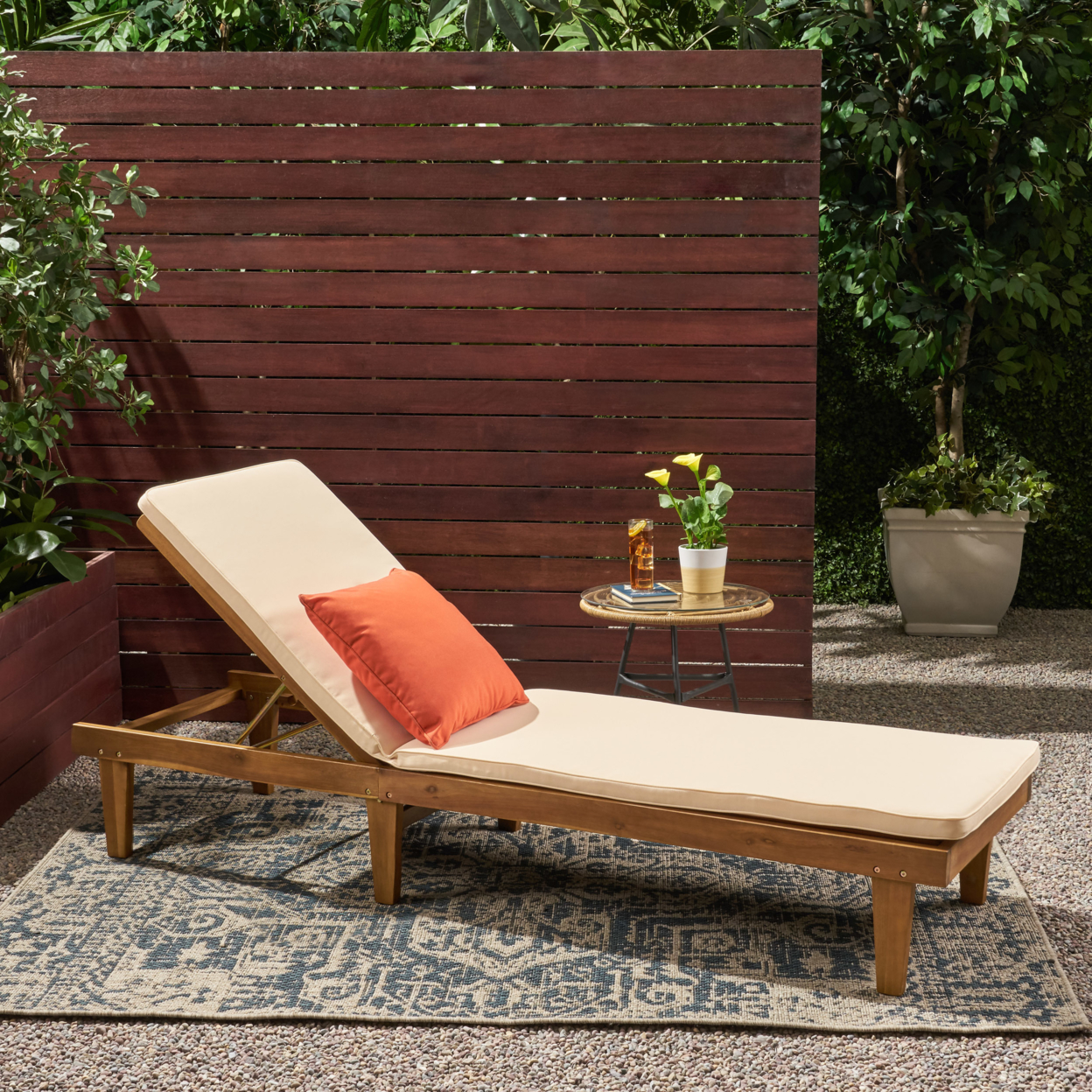 Yvette Outdoor Acacia Wood Chaise Lounge And Cushion Set - Gray Finish + Cream