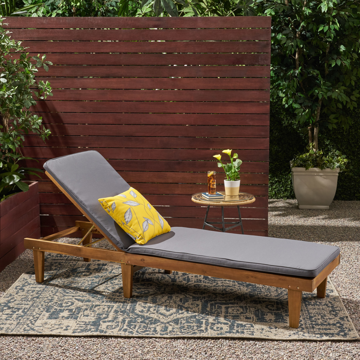 Yvette Outdoor Acacia Wood Chaise Lounge And Cushion Set - Teak Finish + Dark Gray