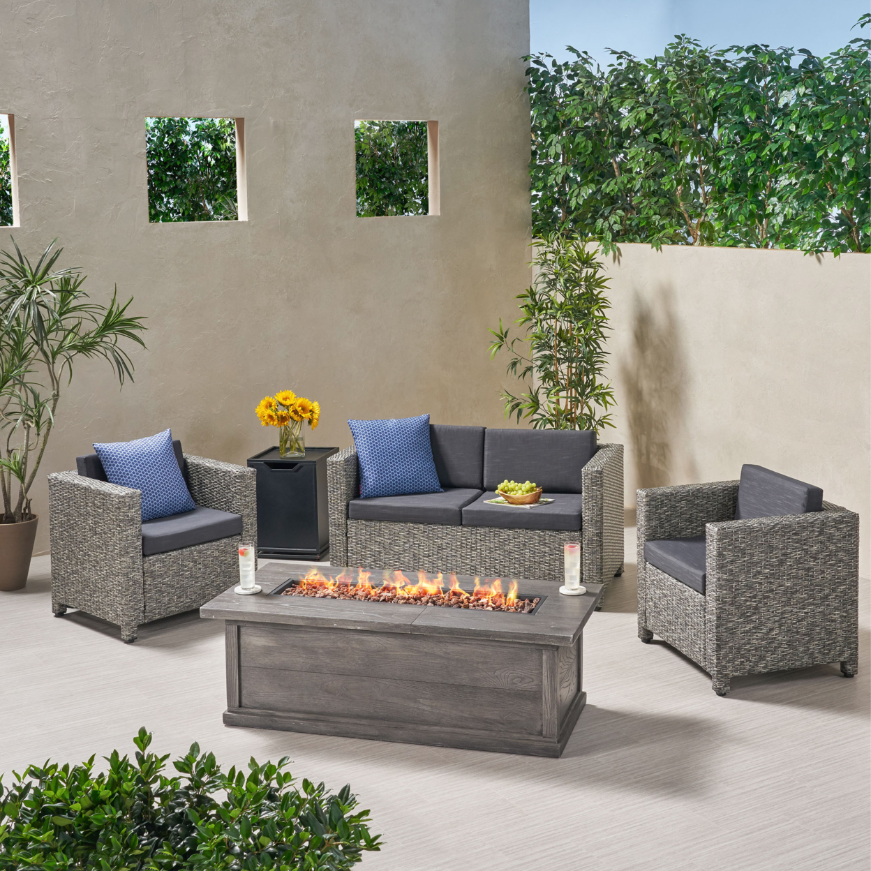 Candance Outdoor 4 Seater Wicker Chat Set With Fire Pit - Mix Black + Dark Gray + Gray