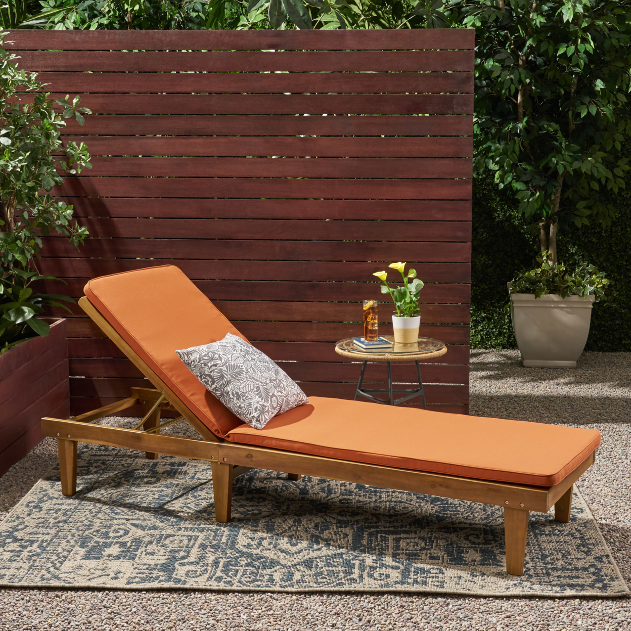 Yvette Outdoor Acacia Wood Chaise Lounge And Cushion Set - Teak Finish + Rust Orange
