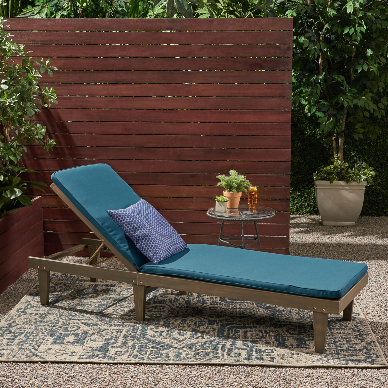 Yvette Outdoor Acacia Wood Chaise Lounge And Cushion Set - Gray Finish + Blue