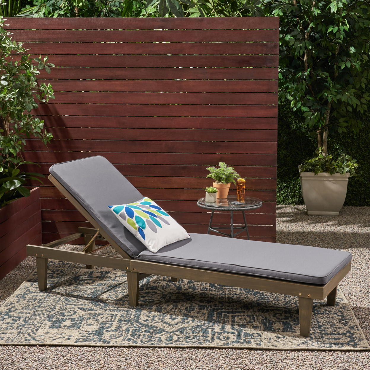 Yvette Outdoor Acacia Wood Chaise Lounge And Cushion Set - Gray Finish + Dark Gray