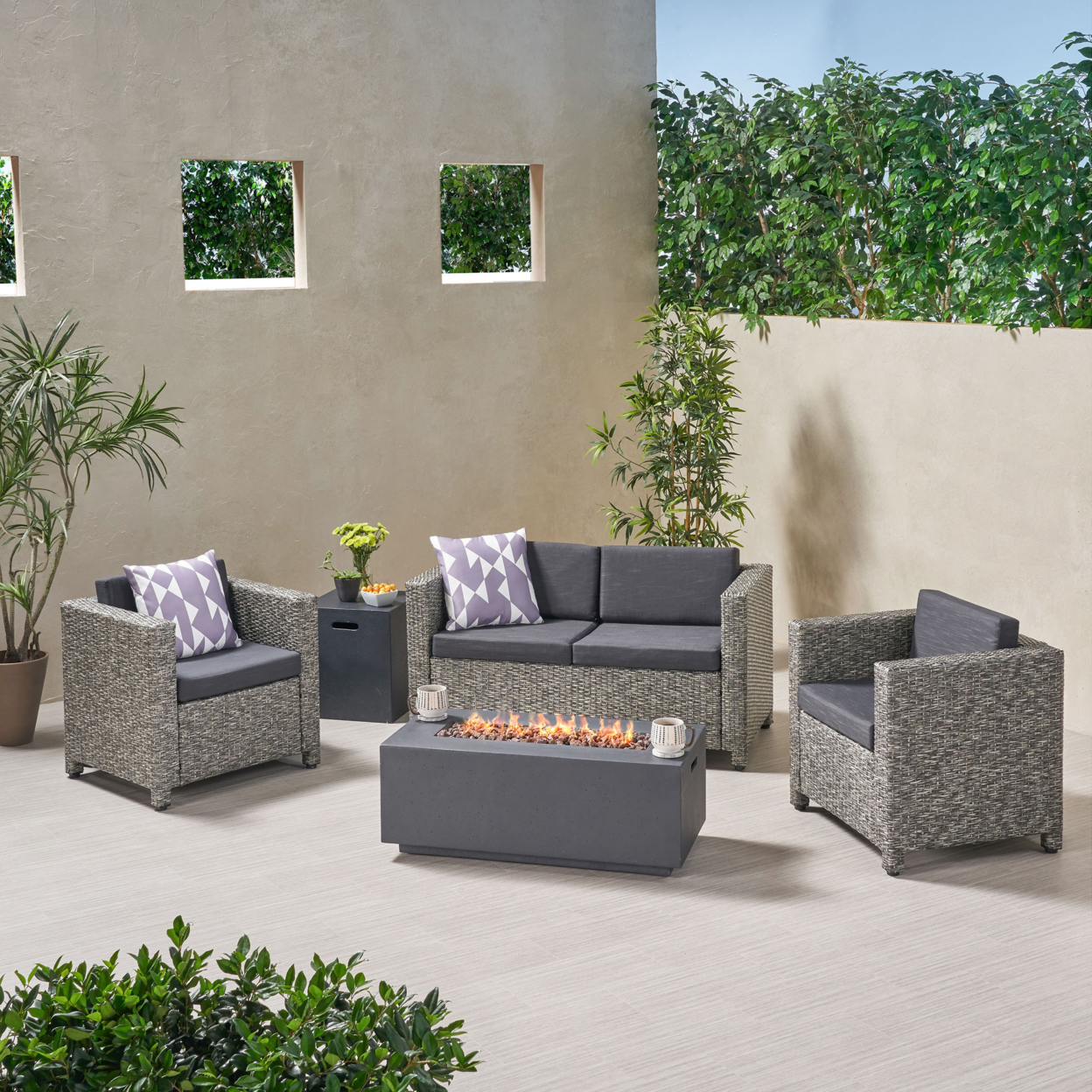 Sigrid Outdoor 4 Seater Wicker Chat Set With Fire Pit - Mix Black + Dark Gray