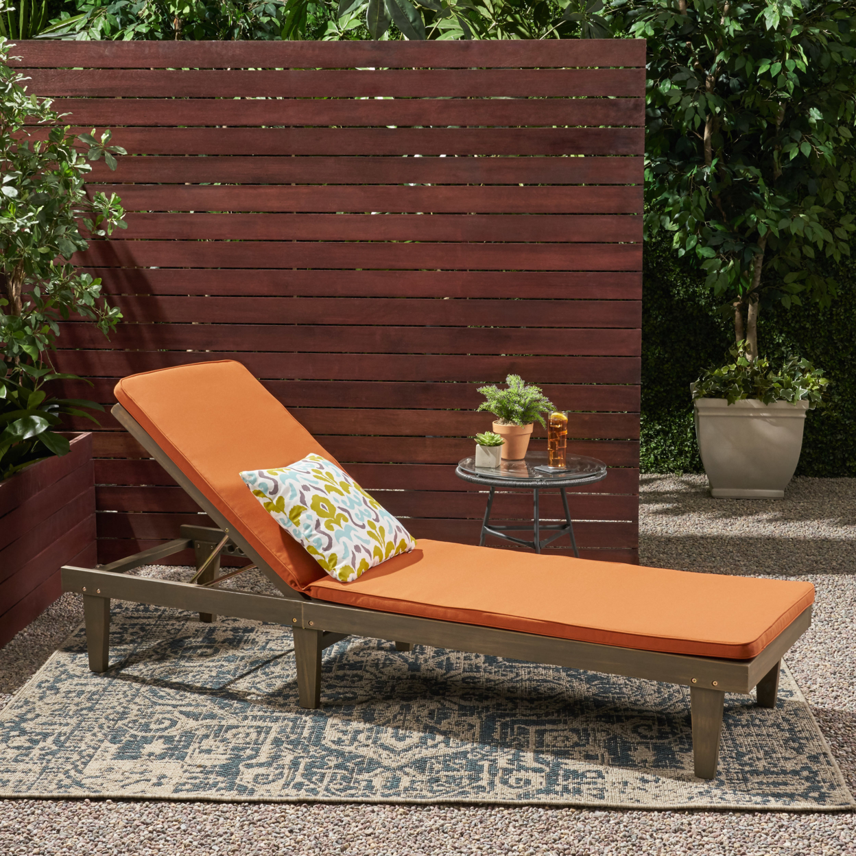 Yvette Outdoor Acacia Wood Chaise Lounge And Cushion Set - Gray Finish + Rust Orange