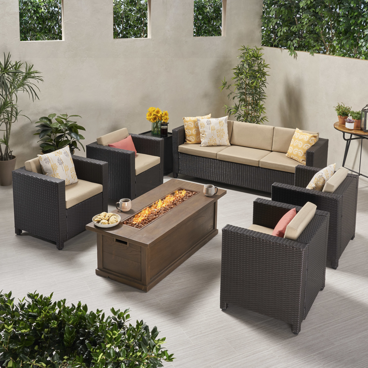 Simona Outdoor 7 Seater Wicker Chat Set With Fire Pit - Dark Brown + Beige + Brown