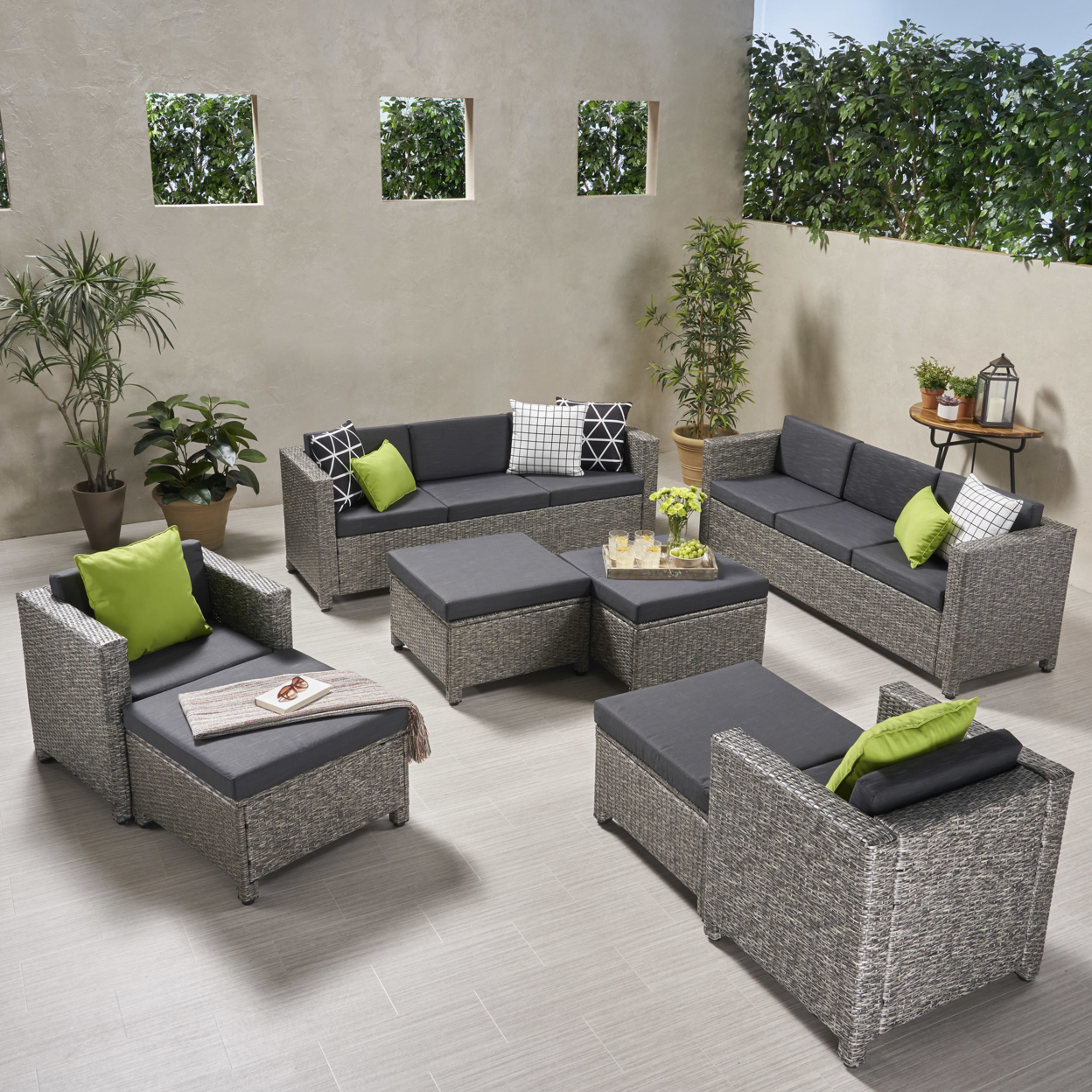 Hulda Outdoor 8 Seater Wicker Chat Set With Ottomans - Mix Black + Dark Gray