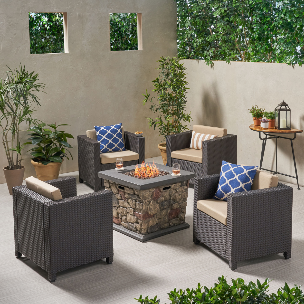 Christine Outdoor 4 Club Chair Chat Set With Fire Pit - Dark Brown + Beige + Stone