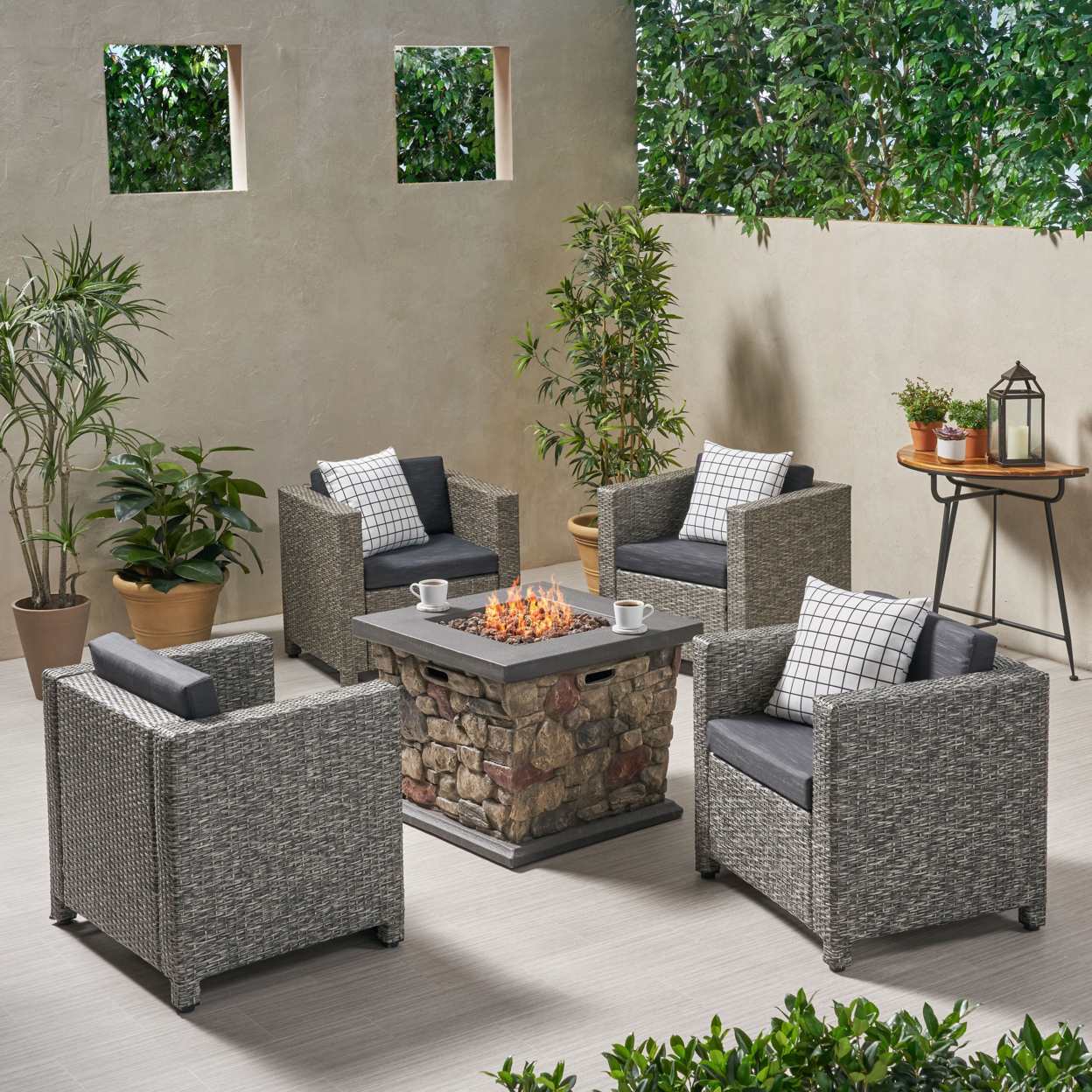 Christine Outdoor 4 Club Chair Chat Set With Fire Pit - Mix Black + Dark Gray + Stone