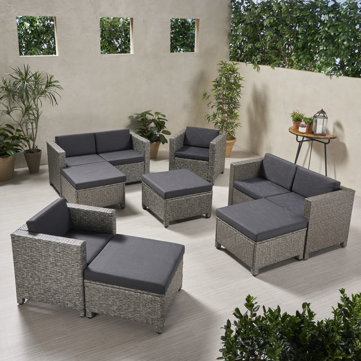 Freda Outdoor 6 Seater Wicker Chat Set With Ottomans - Mix Black + Dark Gray