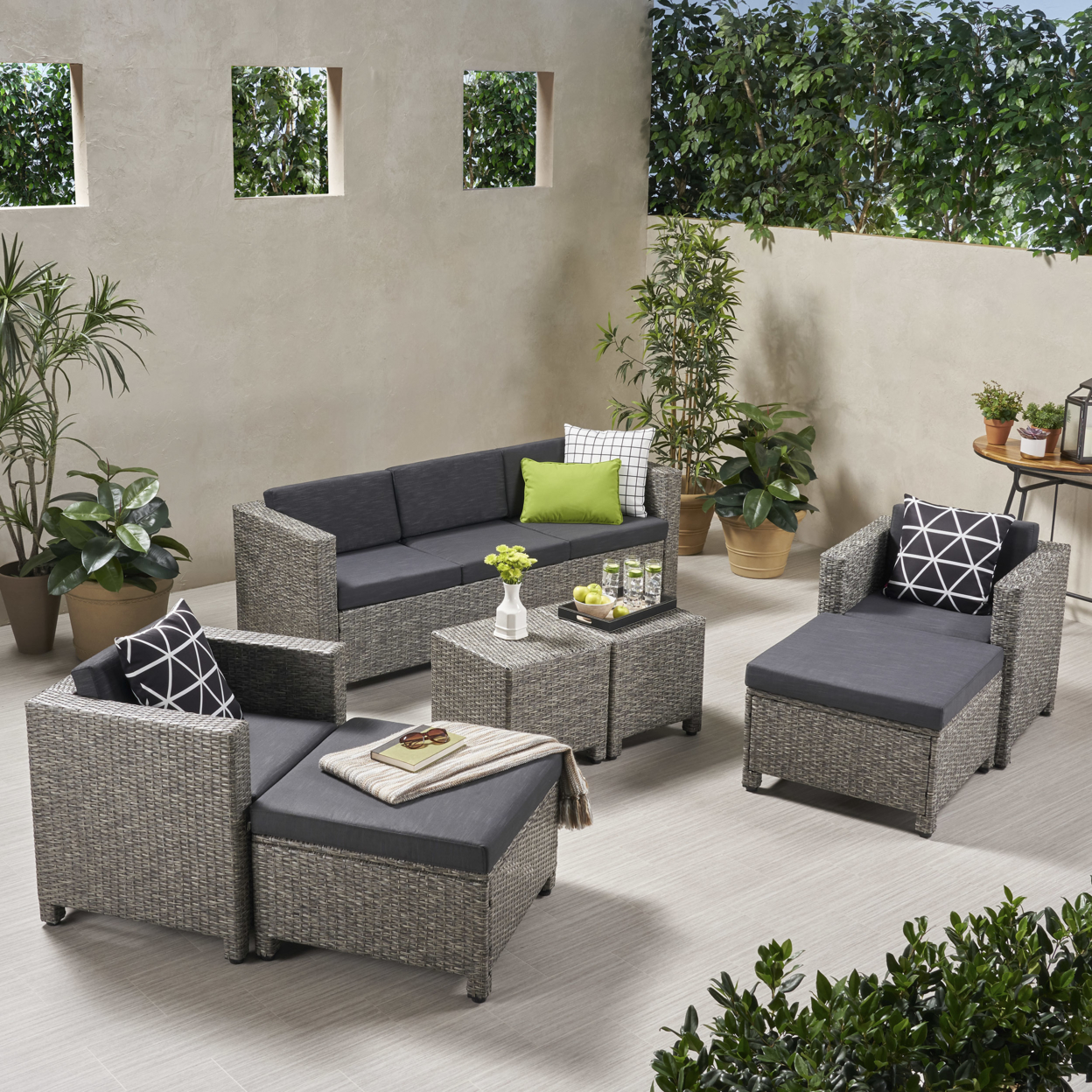 Bonnie Outdoor 5 Seater Wicker Sofa Chat Set With Ottomans - Mix Black + Dark Gray