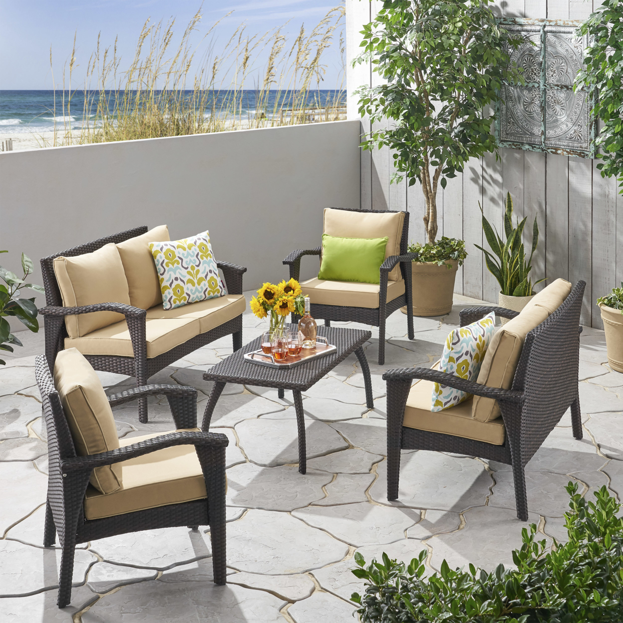 Belle Outdoor 6 Seater Wicker Chat Set With Cushions - Brown + Tan