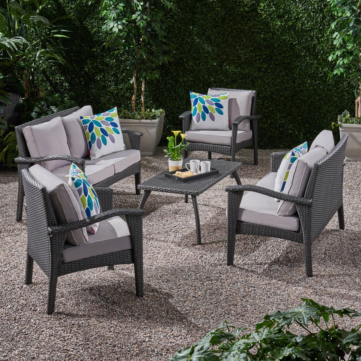 Belle Outdoor 6 Seater Wicker Chat Set With Cushions - Gray + Light Gray