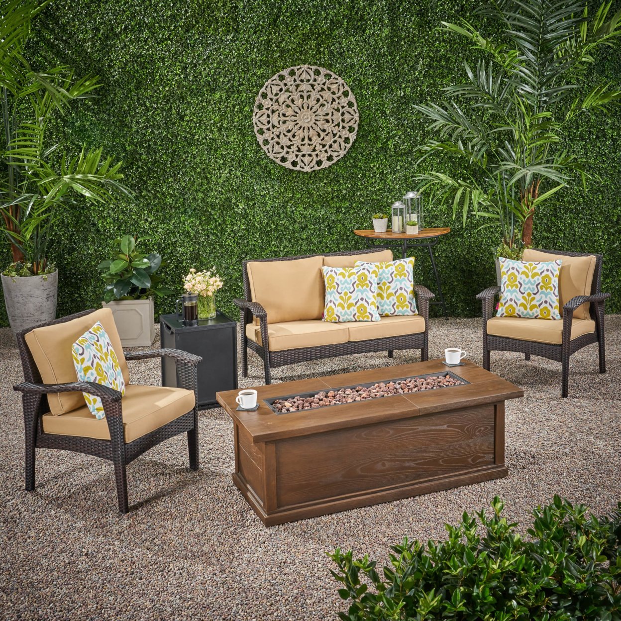 Eleanore Outdoor 4 Seater Wicker Chat Set With Fire Pit - Brown + Tan + Black