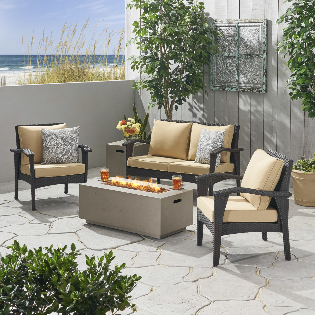 Deborah Outdoor 4 Seater Wicker Chat Set With Fire Pit - Brown + Tan + Light Gray