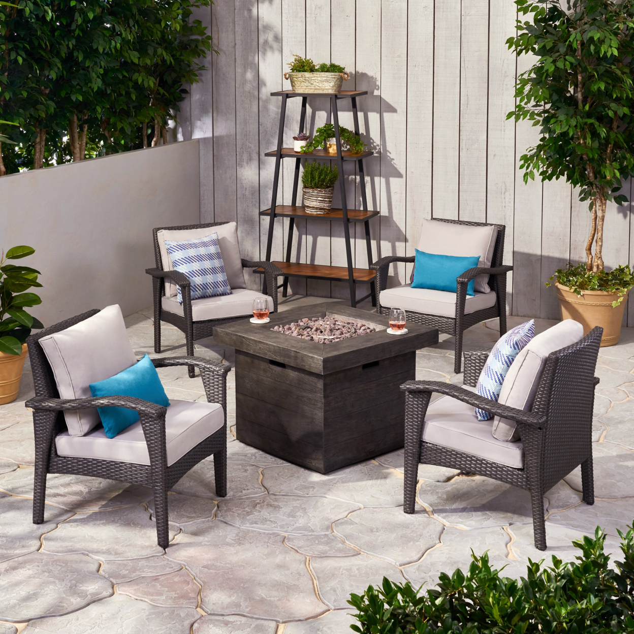 Norma Outdoor 4 Club Chair Chat Set With Fire Pit - Gray + Light Gray + Gray