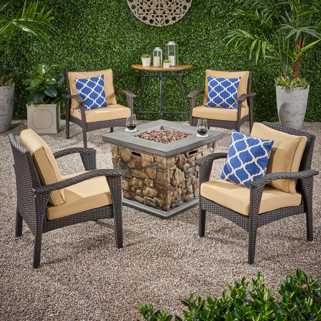 Ella Outdoor 4 Club Chair Chat Set With Fire Pit - Brown + Tan + Stone
