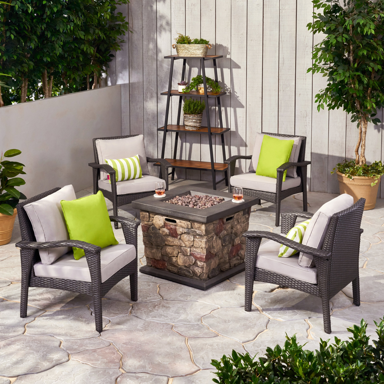 Ella Outdoor 4 Club Chair Chat Set With Fire Pit - Gray + Light Gray + Stone