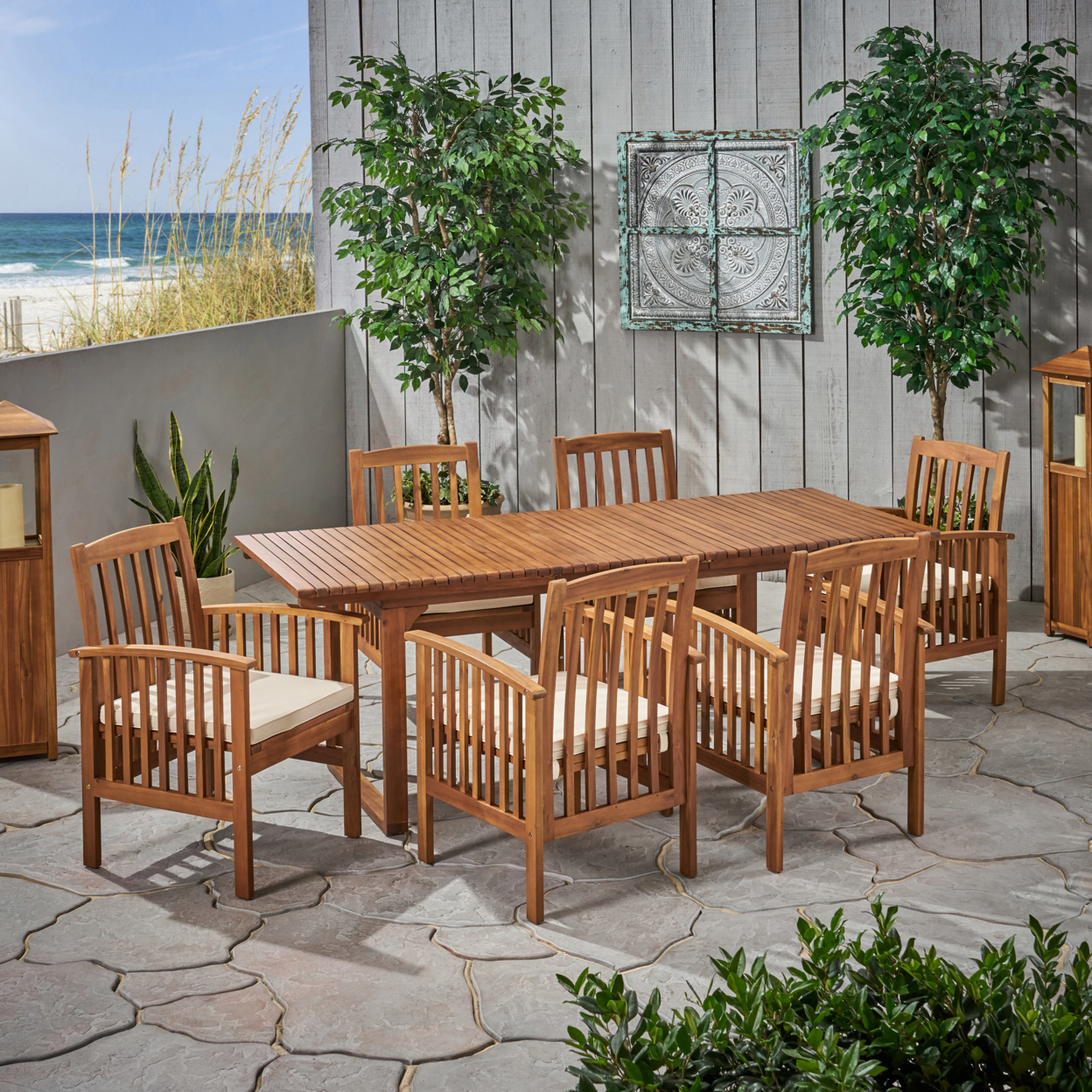 Phoebe Outdoor 6 Seater Expandable Acacia Wood Dining Set