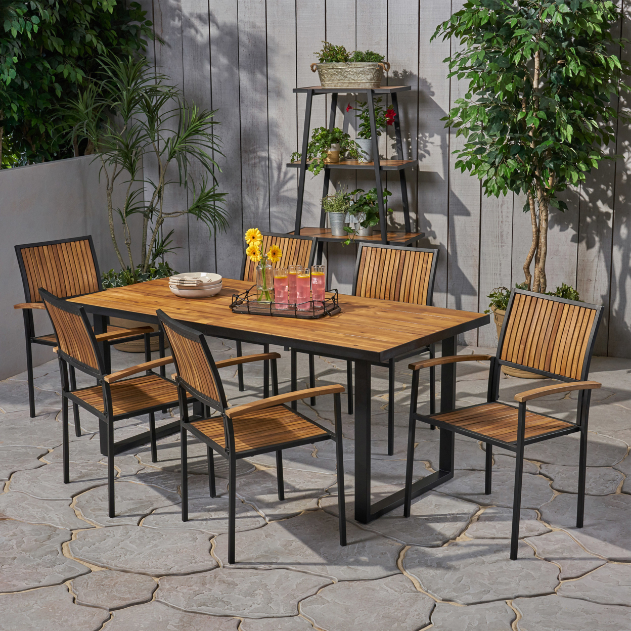 Aurora Outdoor 6 Seater Acacia Wood Dining Set With An Iron Frame