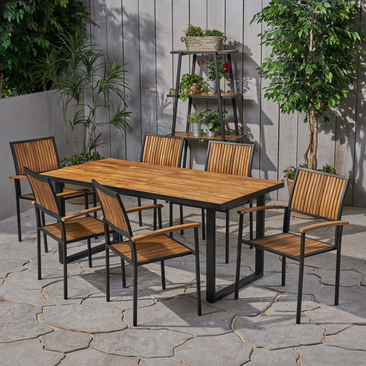 Aurora Outdoor 6 Seater Acacia Wood Dining Set With An Iron Frame