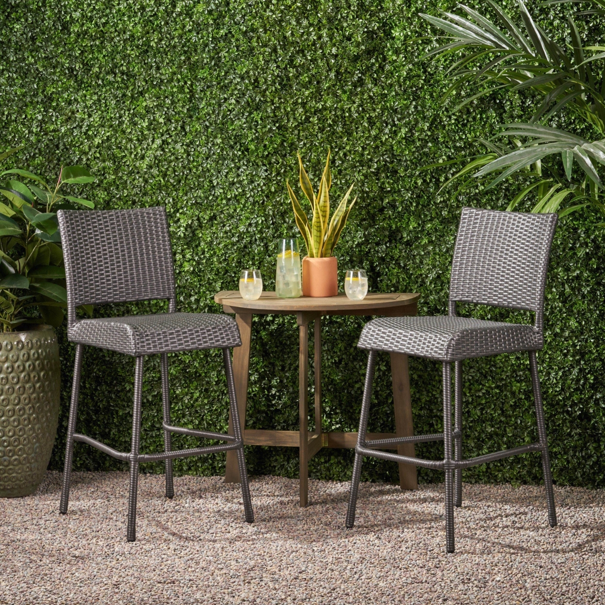Nina Outdoor 2 Seater Half-Round Wood And Wicker Bistro Set With Folding Table
