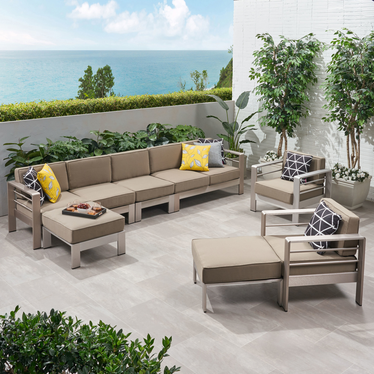 Lesley Outdoor 7 Seater Extended Aluminum Chat Set With Ottomans