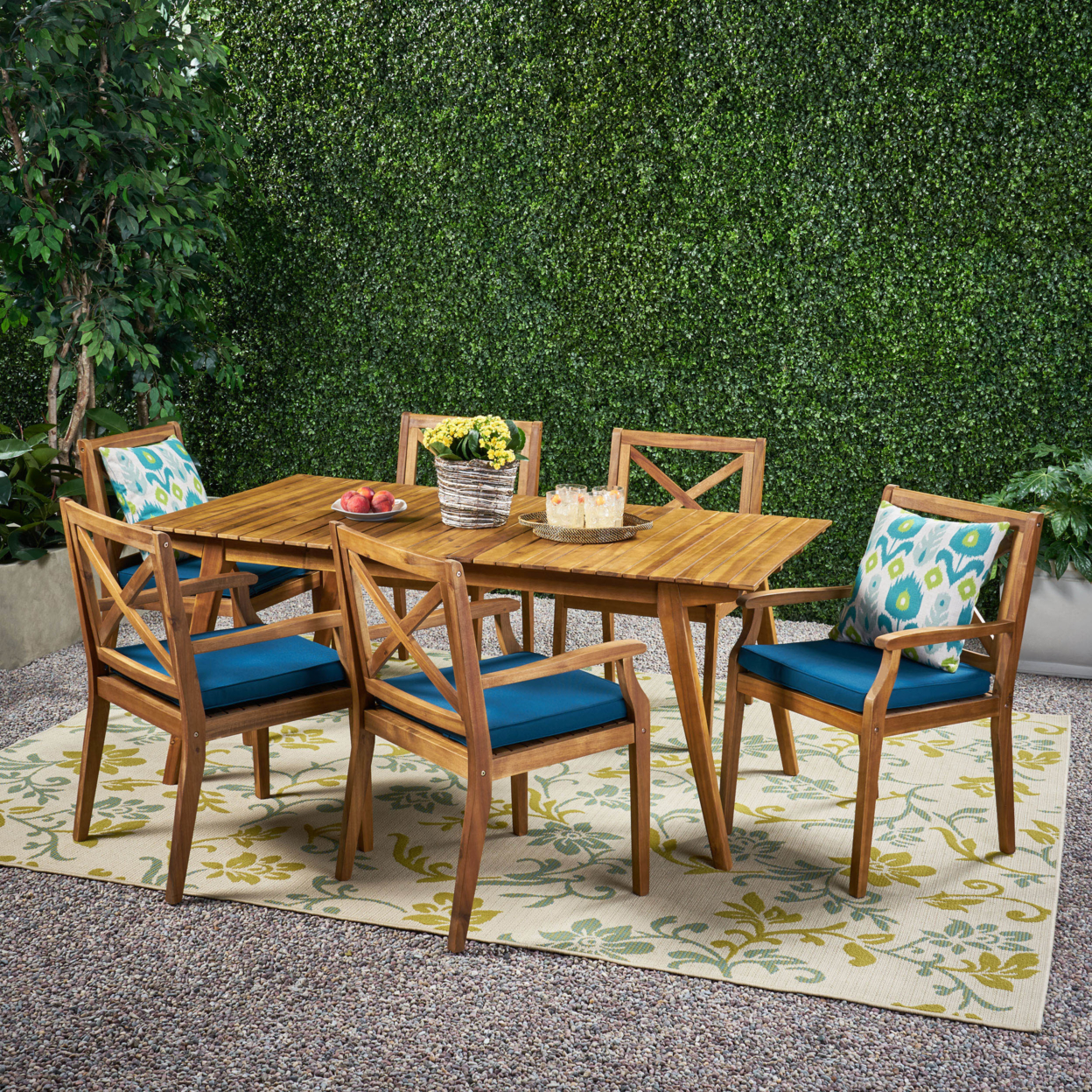 Alva Outdoor 6 Seater Acacia Wood Dining Set With Cushions