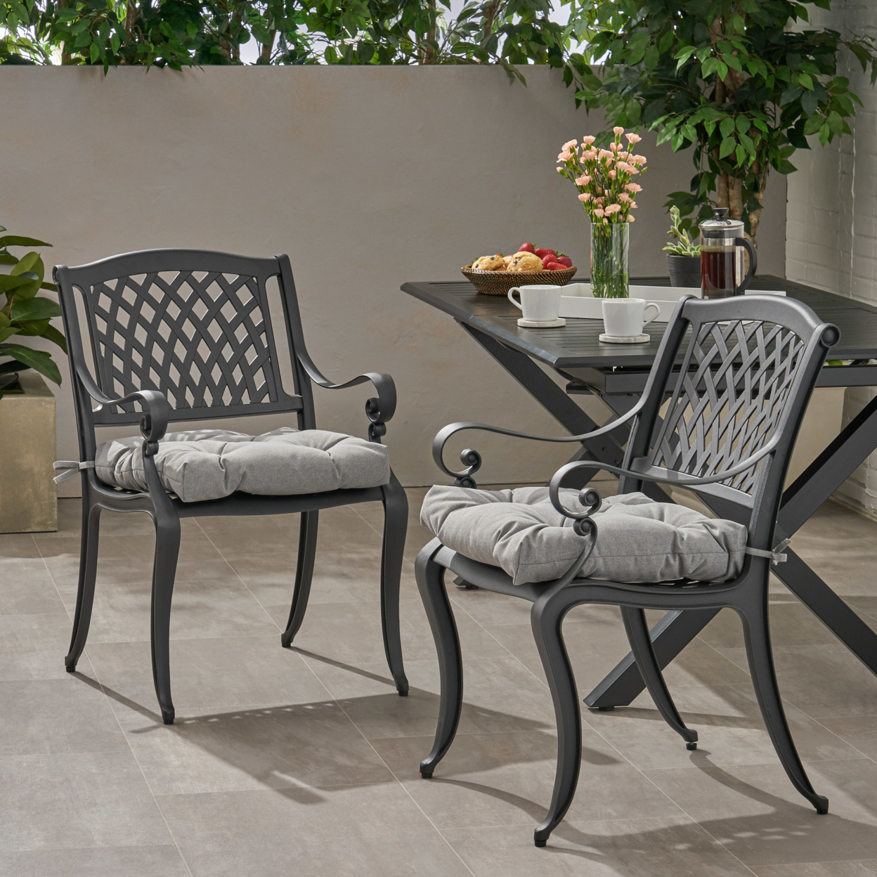 Pamela Outdoor Dining Chair With Cushion (Set Of 2) - Antique Matte Black + Charcoal