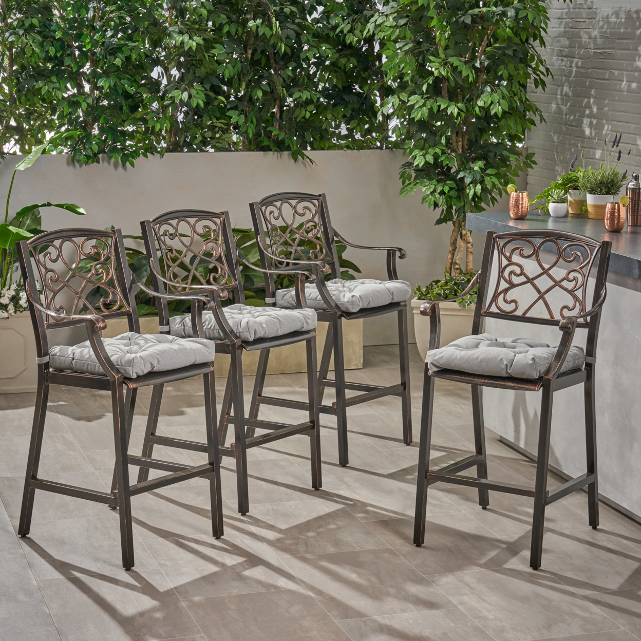 Deirdre Outdoor Barstool With Cushion (Set Of 4) - Shiny Copper + Charcoal