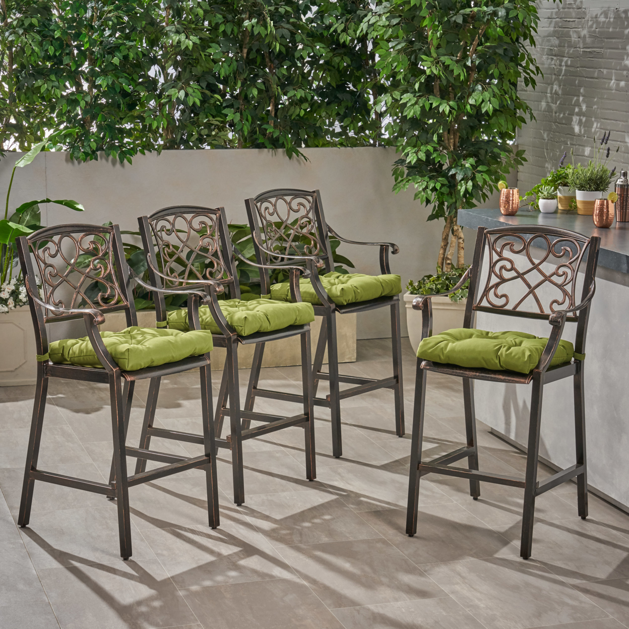 Deirdre Outdoor Barstool With Cushion (Set Of 4) - Shiny Copper + Charcoal