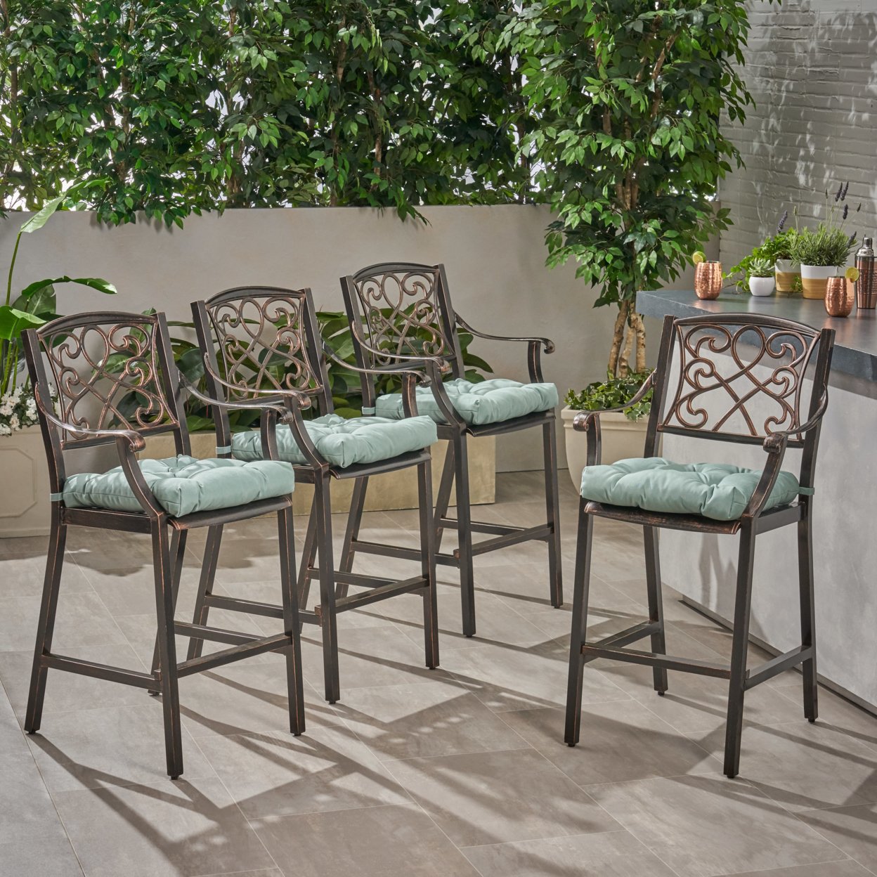 Deirdre Outdoor Barstool With Cushion (Set Of 4) - Shiny Copper + Teal