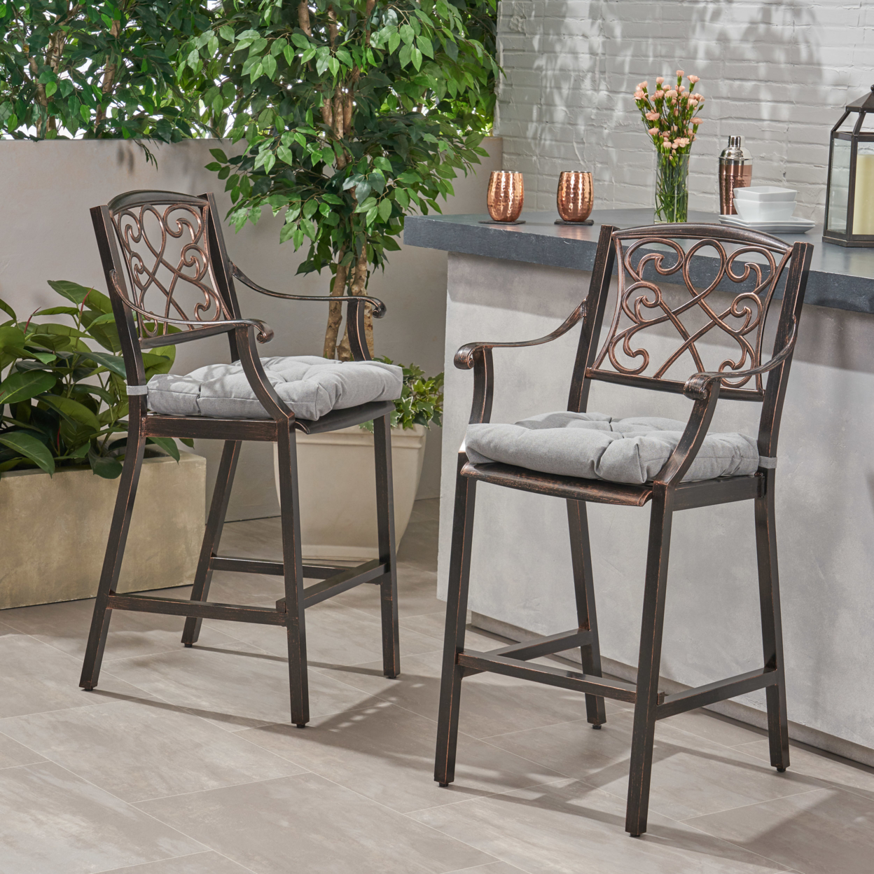 Megan Outdoor Barstool With Cushion (Set Of 2) - Shiny Copper + Charcoal