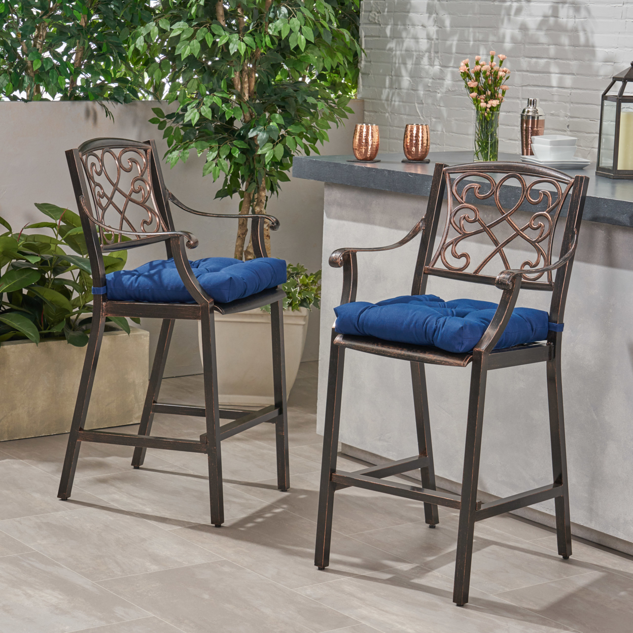 Megan Outdoor Barstool With Cushion (Set Of 2) - Shiny Copper + Teal