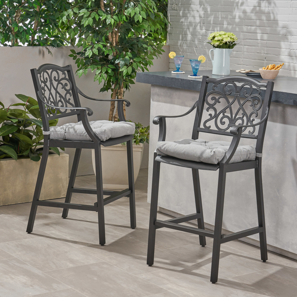 Frances Outdoor Barstool With Cushion (Set Of 2) Antique Matte Black And Charcoal - Antique Matte Black + Charcoal
